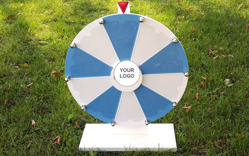 Blue and white prize wheel of fortune with space for your logo