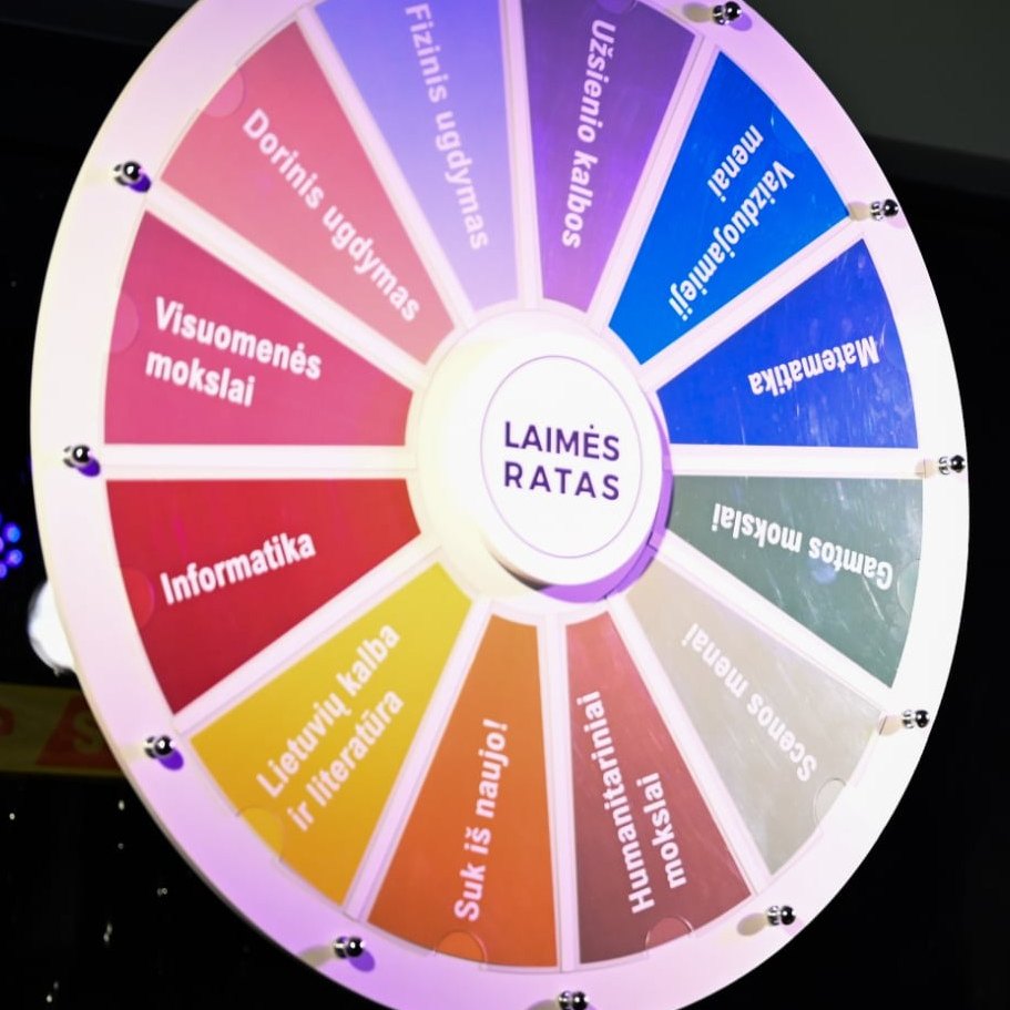 Colorful illuminated prize wheel of fortune with custom labelled sections on a tripod